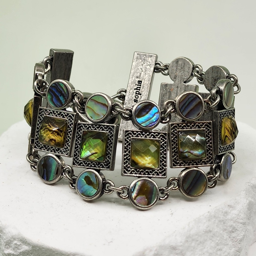 Lia Sophia Abalone Shell Green Glass Silver Tone Multi Strand Statement Bracelet